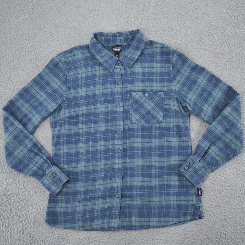 Patagonia Heywood Flannel Shirt Women 2 Blue Plaid Worn Wear Organic Cotton LSBU